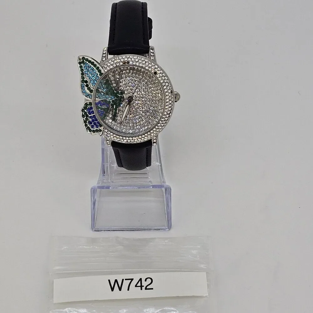 Off Park‎ Women's Watch Crystal Bling Butterfly New Black Leather Bands Battery